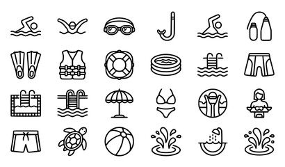 Fototapeta premium Swim and Aquatic Activity Line Icons with Beach Pool and Diving Equipment Editable Stroke