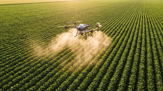 Agricultural Drone Spraying Pesticide over Green Crop Field During Sunset for Modern Farming Efficiency and Sustainable Agriculture Management