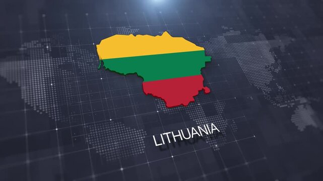 Lithuania map with national flag on digital world map background, geographic border, global political and international news concept