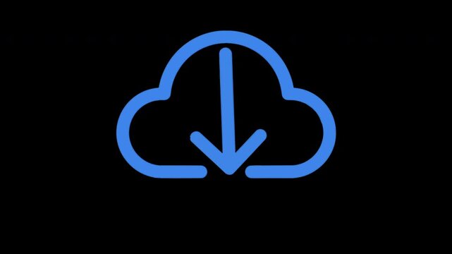 Cloud download icon with blue pulsing arrow on black background for data storage and technology concepts