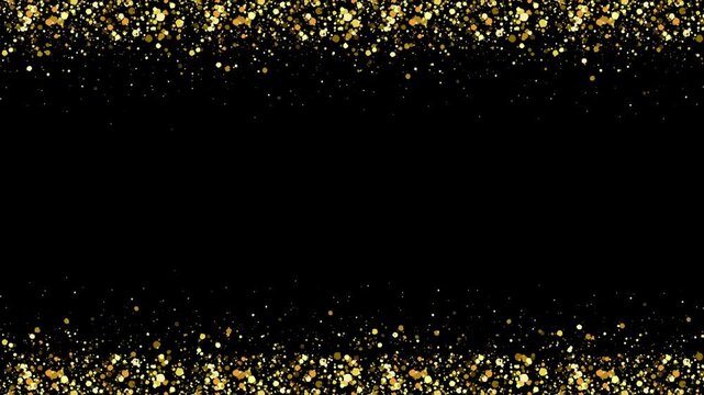Golden glitter border on black background, shimmering gold dust frame for luxury celebration, sparkling bokeh particles for holiday video overlay