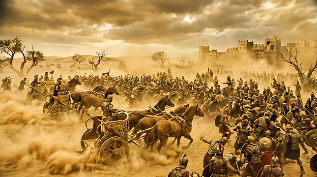 Epic cinematic scene of an ancient battle with chariots and soldiers fighting in a dusty desert landscape