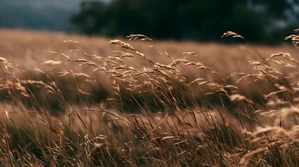 Obraz premium Golden grasses sway gently in a sunlit field under soft earthy tones and blurred background trees