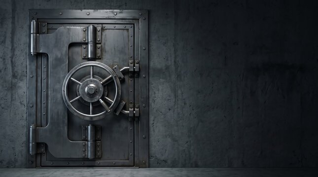 bank vault door closed in dark concrete room security concept photo