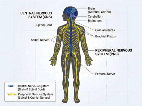 Human nervous system diagram with cns and pns labeled