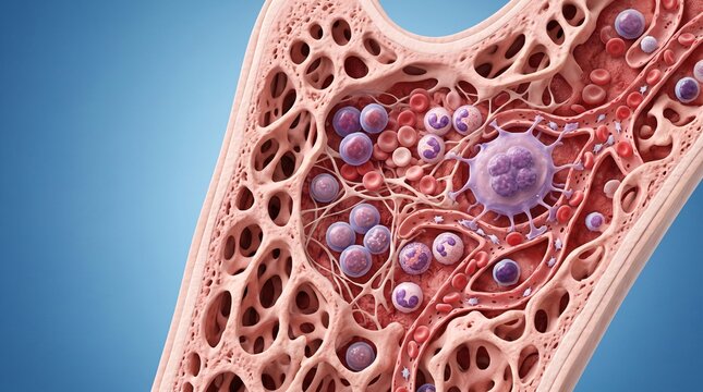 Microscopic 3D rendering of bone marrow histology showing hematopoietic stem cells, blood cells, and trabeculae