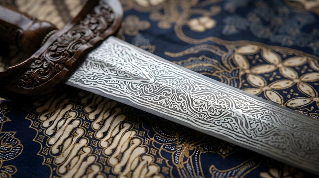 A close-up of a metallic damascus steel blade with traditional pamor pattern resting on a dark batik fabric.
