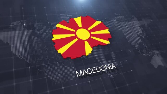 Macedonia map with national flag on digital world map background, geographic border, global political and international news concept