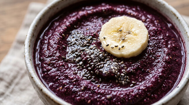Thick Acai Berry Smoothie Bowl Topped with Fresh Banana Slice and Chia Seeds Close-Up