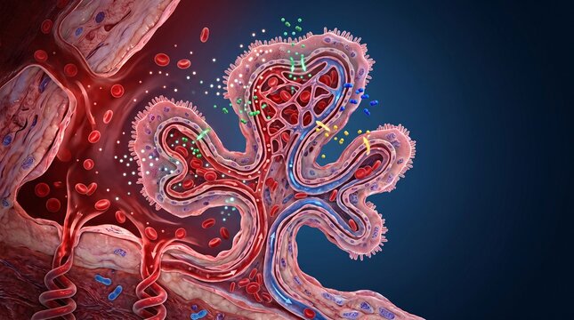 Microscopic 3D rendering of human intestinal villi absorption mechanism with nutrients and minerals entering capillaries