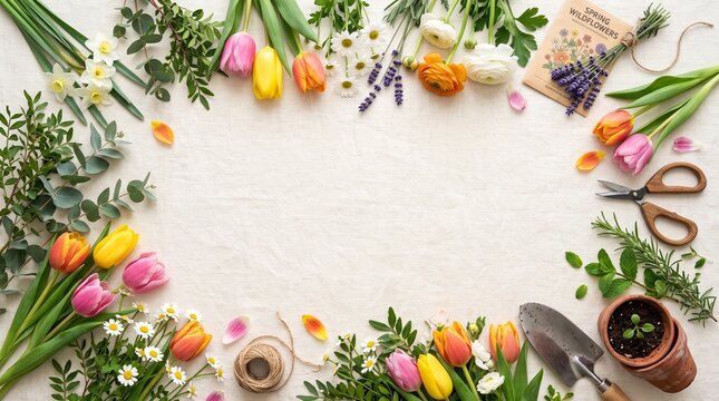 Gardening and spring flowers flat lay frame with tulips trowel scissors and seeds on linen background