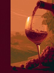 Obraz premium Elegant red wine being poured into a crystal glass with ripe grapes and vineyard landscape at sunset