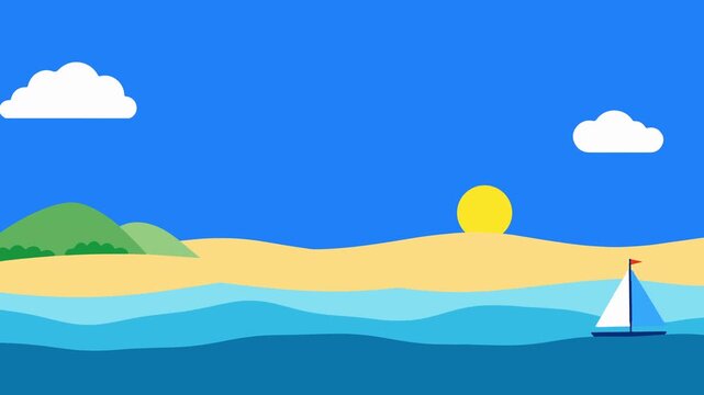 Minimalist sailboat sailing on ocean waves near sandy beach loop animation video asset for summer vacation, travel agency promotions and relaxing nature landscape tropical sea coast clips.