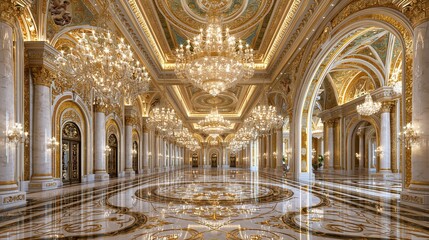 Fototapeta premium Grand Opulent Ballroom Hallway with Crystal Chandeliers and Marble Flooring