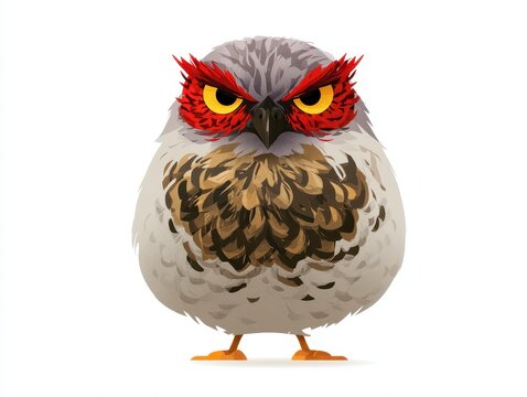 Illustration of a cute and grumpy small owl with red eyebrows