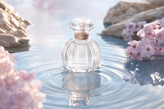 frasco de perfume reflejado en el agua