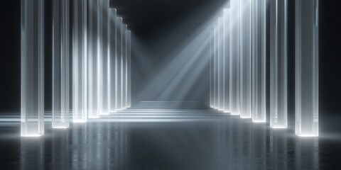 Fototapeta premium Abstract Futuristic Corridor with Dramatic Light Rays Illuminating Reflective Floor and Tall Pillars