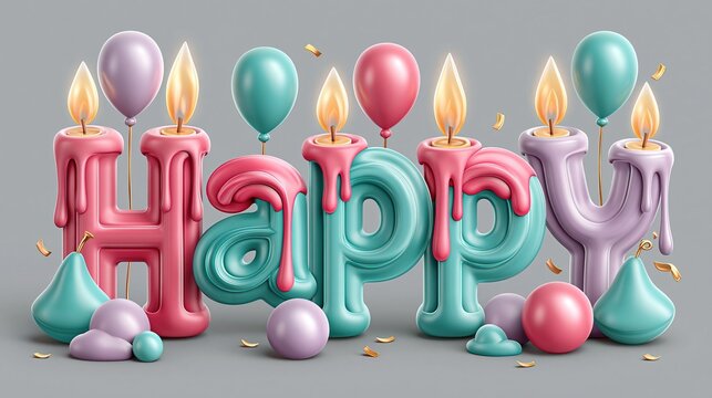 Colorful three dimensional birthday candles spelling happy word with balloons and confetti on grey background