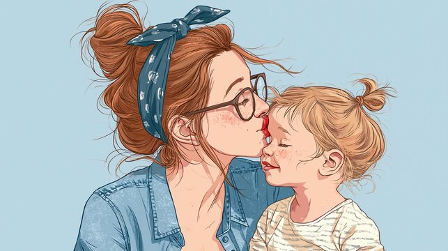 Warm illustration of a mother kissing her young daughter's forehead, celebrating unconditional love and family bond