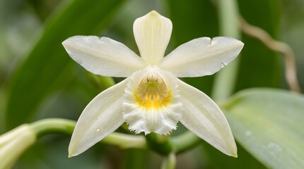Fototapeta premium Macro Close Up of White Vanilla Orchid Flower Blooming on Green Vine