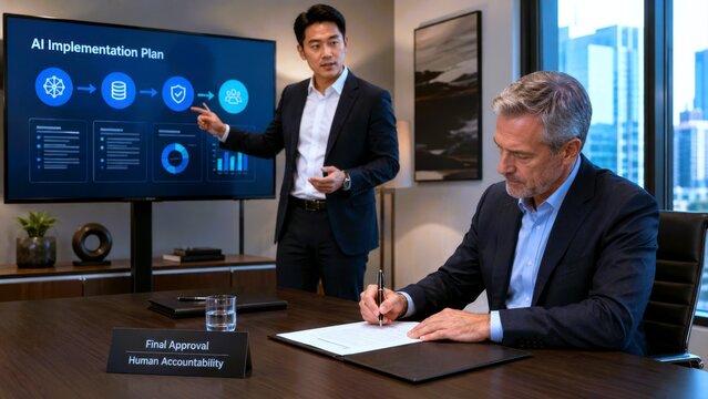 Ai governance human oversight, business meeting with manager presenting ai implementation plan while executive signs final approval in modern office