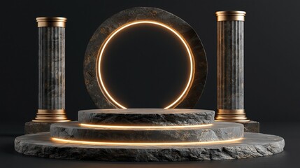 Fototapeta premium Luxurious Stone Pedestal Stage with Golden Neon Ring and Ancient Columns, Ideal for Product Displays