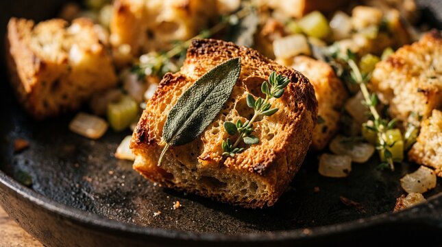 Traditional herb bread stuffing croutons with sage and thyme in pan close up
