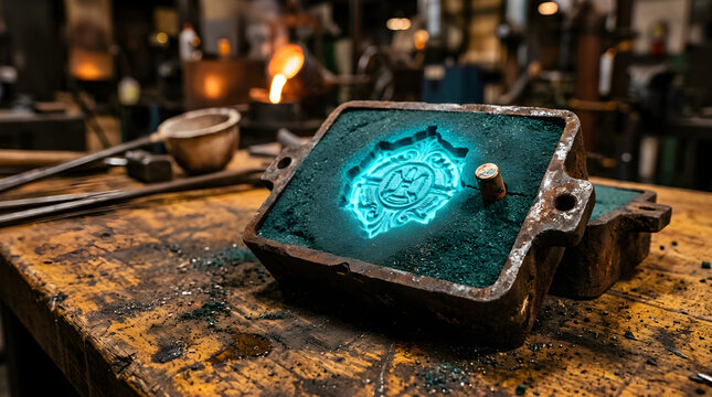 Macro Glowing Teal Antique Sand Casting Box Mold Half with Copper Pin on Amber Foundry Bench Surface