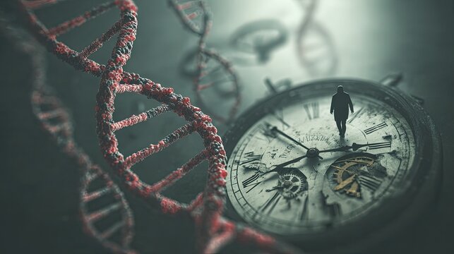 A figure walks forward on a glowing timeline, with the face of a young adult on the left and an older person on the right, surrounded by floating DNA helices and glowing clock gears.