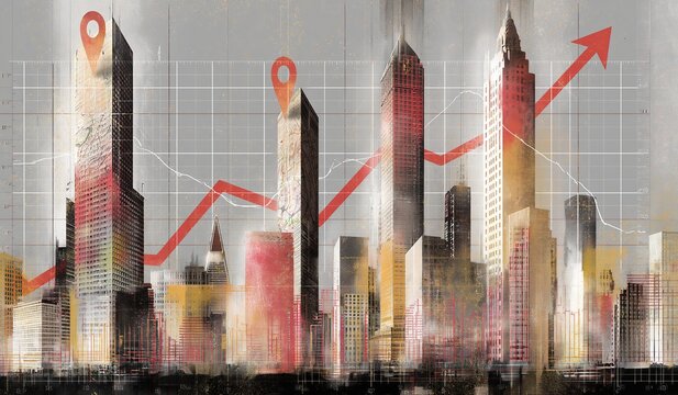 Abstract cityscape with upward trending graph and location pins symbolizing urban growth and real estate investment