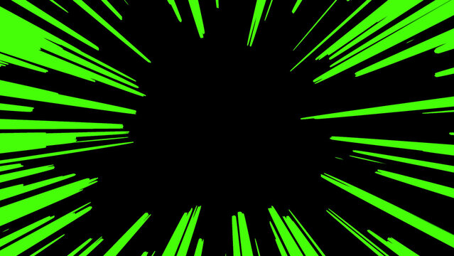 A vibrant green comic book style speed line burst effect with radiating lines moving towards the center on a solid black background surface