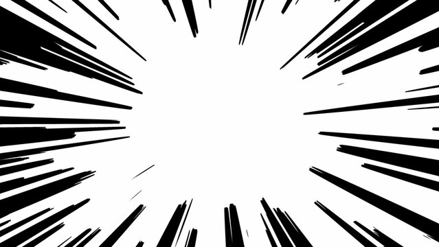 A black and white comic book style speed line burst effect with radiating lines moving towards the center on a plain white background surface