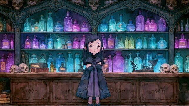 Enchanting young witch standing in mystical apothecary shop filled with glowing potions and skulls