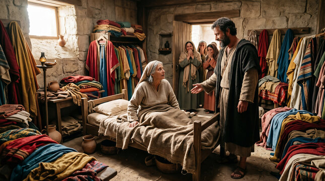 Tabitha (Dorcas) being miraculously raised from the dead by Peter, sitting up in a bed surrounded by the beautiful garments she had sewn