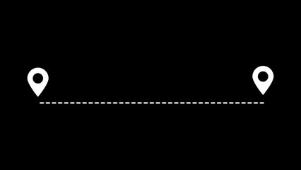 Two white map location pins connected by a straight dashed line path on a black background representing a direct route between two points in space © Saiful