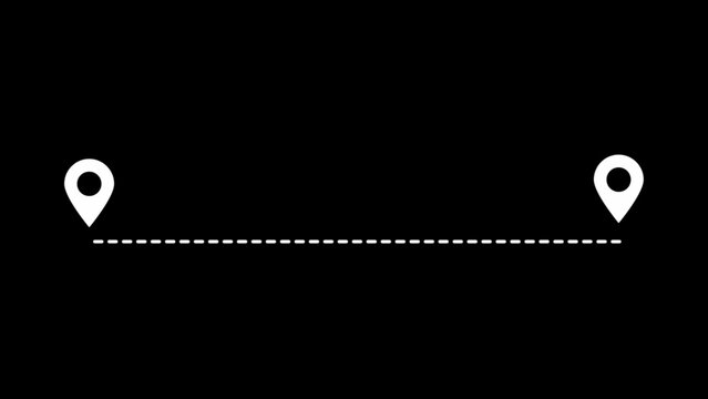 Two white map location pins connected by a straight dashed line path on a black background representing a direct route between two points in space