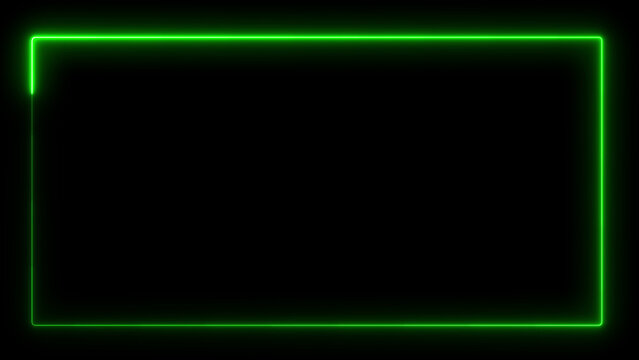 Glowing neon green rectangular frame border isolated on a solid black background for digital screen overlays and interface