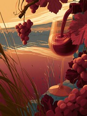 Obraz premium Red wine being poured into a glass surrounded by grapevines and vines against a sunset backdrop