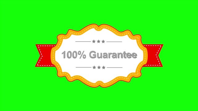 100 percent guarantee badge with ribbon on green screen, premium quality assurance seal, warranty label animation, chroma key 4k motion graphics