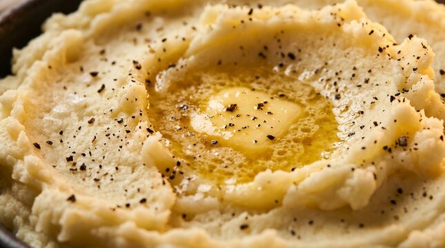 Creamy mashed potatoes topped with melting butter and black pepper close up