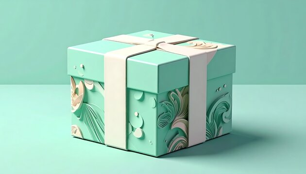 Elegant mint green gift box with floral patterns and white ribbon.