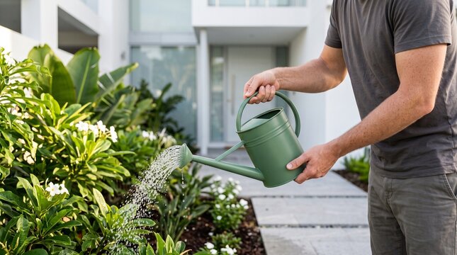 Man watering green plants with a watering can in front of a modern house