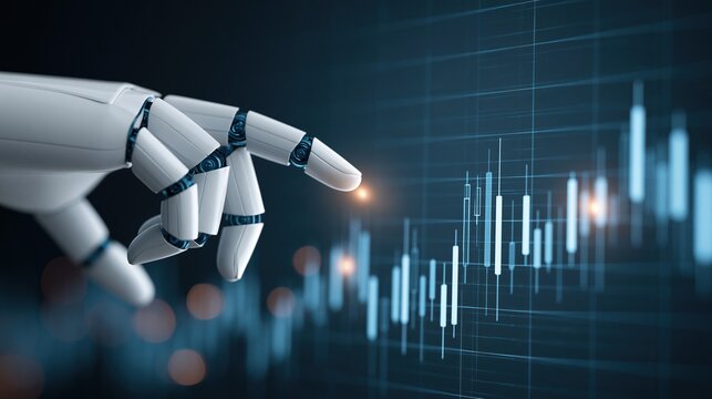 Advanced AI Robot Finger Interacting with Futuristic Digital Financial Stock Market Data Analysis Chart