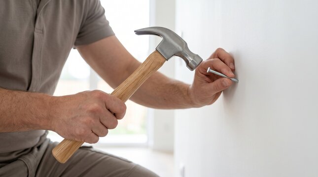 Anonymous man hammering a metal nail into a white wall during home renovation