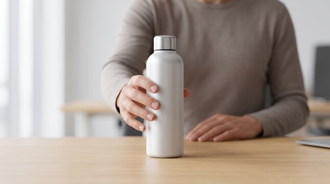 Person holding a reusable metal water bottle at a wooden desk in a modern office, promoting healthy hydration and eco-friendly lifestyle