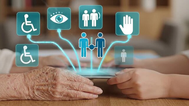 People using tablet with accessibility icons hologram interface