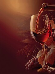 Obraz premium Elegant Red Wine Pouring into Glass with Grapes and Vineyard Background