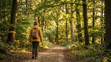 Fototapeta premium Woman with backpack hiking along trail through sunny forest in nature.