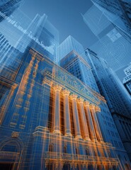 Fototapeta premium Architectural Blueprint of Classic Building Facade with Modern Skyscrapers Overlay