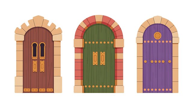 Cartoon set of medieval castle doors on white. Vector cartoon set of entrance in vintage house, castle or temple. Colored ancient doors from wood planks isolated